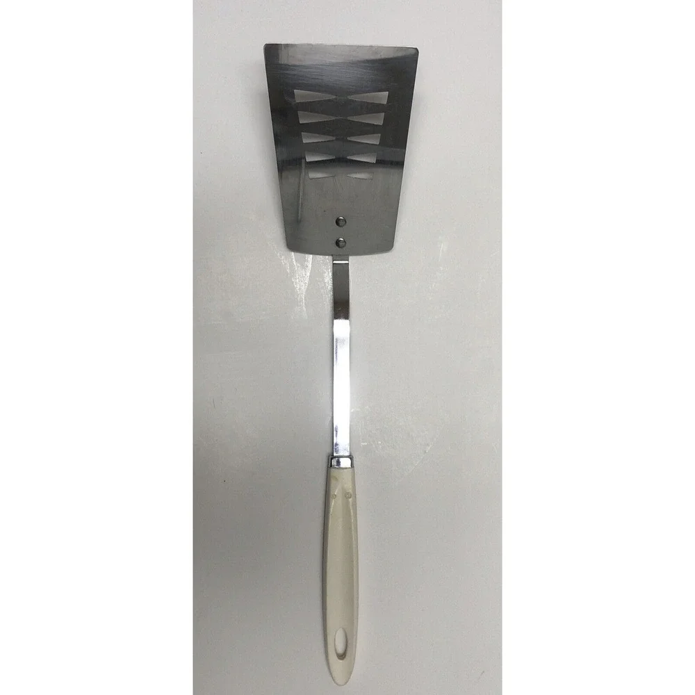 Vtg Androck Stainless Slotted Spatula Turner White Handle USA 14